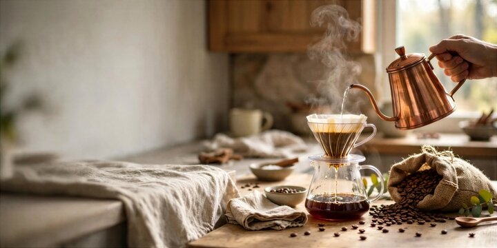 International Coffee Day Kettle Pouring Water over Pour over Coffee Setup