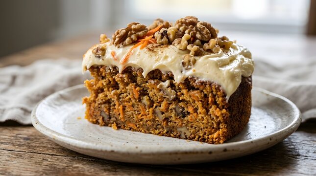 Delicious slice of carrot cake with cream cheese frosting and walnuts on a rustic plate