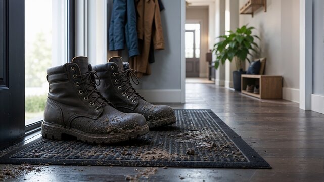 Muddy brown leather work boots on a black doormat. Dirty footwear tracking mud onto a wooden floor in a home entryway