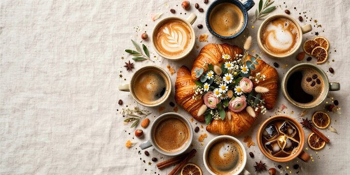 International Coffee Day Overhead Coffee Brunch Arrangement with Pastries and Flowers