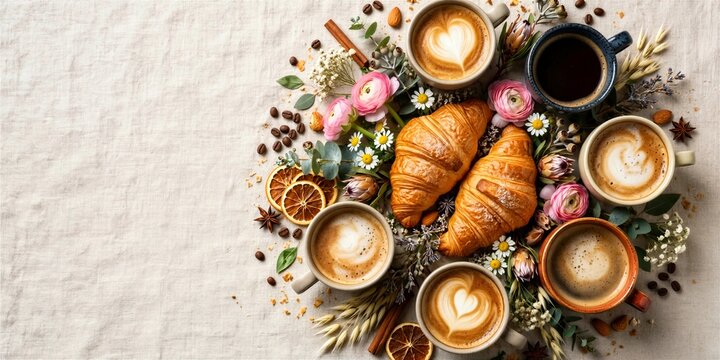 International Coffee Day Round Brunch Flat Lay with Lattes Croissants and Flowers