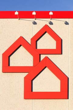 Viby, Denmark - August 31, 2022: Bauhaus symbol on a building. Bauhaus is a Swiss-headquartered pan-European retail chain offering products for home improvement, gardening and workshop