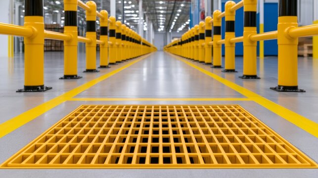 Exterior security of industrial plant buildings, Yellow Factory Floor with Catch Basin and Maintenance Area, 3d rendering