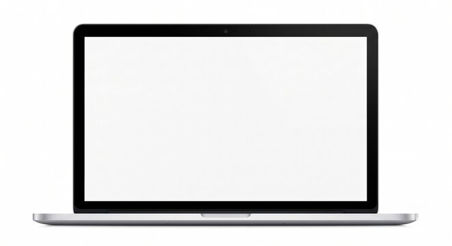 Front facing view of a modern open laptop with a blank white screen isolated on a seamless white background.