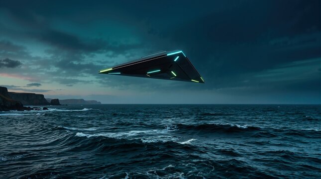 Triangular UFO flying over a dark ocean. Unidentified flying object with glowing lights hovering above the sea. World UFO Day concept