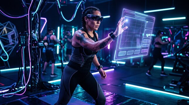Indigenous female athlete training in a futuristic gym with VR glasses