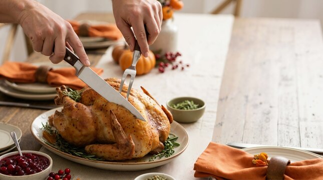 Carving a roasted turkey with a knife and fork. Hands slicing a golden brown turkey on a Thanksgiving dinner table