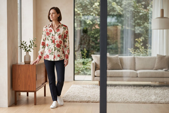 Elegant woman wearing rose print blouse in a bright modern living room with copy space