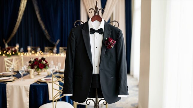 Black tuxedo with a bow tie and boutonniere on a hanger. Formal suit for a graduation ball or wedding in a decorated ballroom