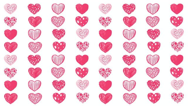 Hand drawn red heart shapes seamless pattern background animation. This looping romantic doodle art features isolated cute love symbols on a white screen for Valentine's Day and wedding video projects
