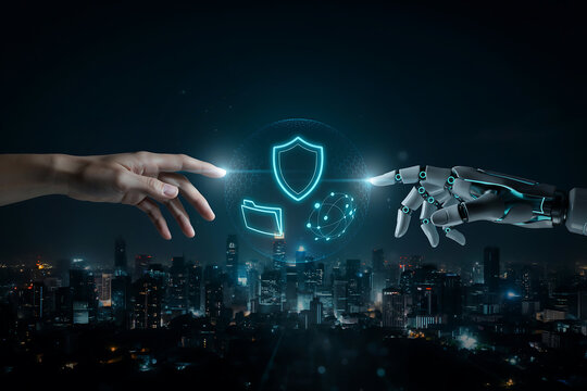 Human finger and robotic hand pointing toward a glowing cloud storage and security padlock icon hologram over a city nightscape for digital transformation and cloud computing