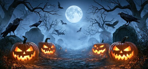 Fototapeta premium A spooky graveyard gateway lit by glowing jack-o'-lanterns and black crows beneath a foggy moon.