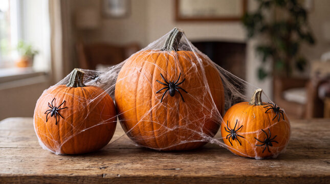 Three pumpkins wrapped in cobwebs with plastic spiders for halloween table decoration and autumn seasonal background
