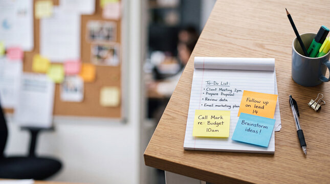 To do list and colorful sticky notes on notebook for office organization and productivity background and workspace design