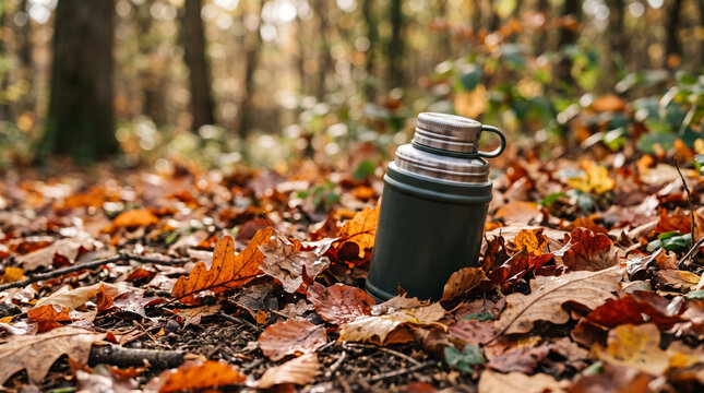 Thermos on forest floor among autumn leaves for picnic background and outdoor adventure banner with warm beverage focus