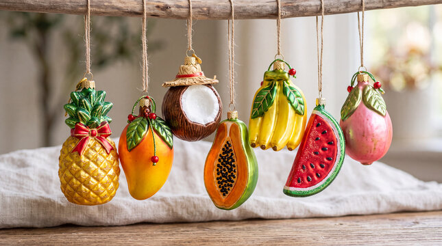 Tropical christmas fruit ornament garland background with colorful hanging fruit decorations for holiday banner and festive decoration design