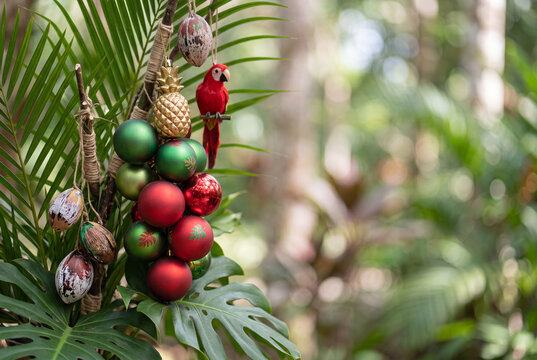 Tropical palm leaves decorated with red and green christmas ornaments and a small parrot for festive holiday background and seasonal tropical decoration design
