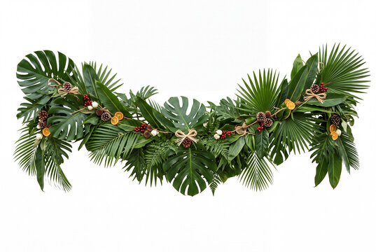 Tropical christmas garland of palm leaves with pine cones and dried orange slices for holiday background and festive wreath design