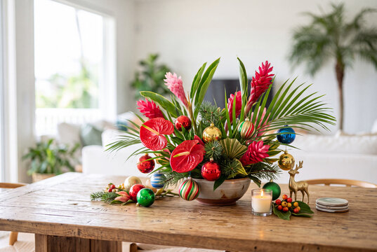 Tropical christmas centerpiece with red flowers green palms and colorful baubles for holiday table decor and festive interior background