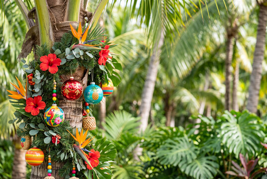 Tropical palm tree decorated with christmas wreath, ornaments and hibiscus flowers for island holiday display and exotic seasonal decor background