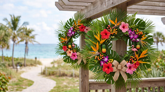 Tropical christmas wreath with hibiscus, birds of paradise and palm leaves for holiday decoration banner and beach resort seasonal display