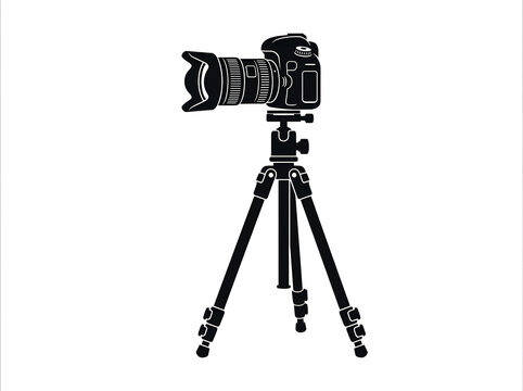 Professional black DSLR camera on tripod silhouette icon for studio photography equipment and digital imaging tools