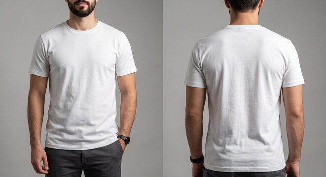 Split screen view of a male model wearing a blank white cotton t-shirt with front and back views against a neutral studio background.
