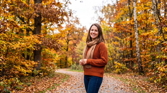 Woman walking on a forest path among autumn trees and colorful leaves for seasonal portrait and nature background