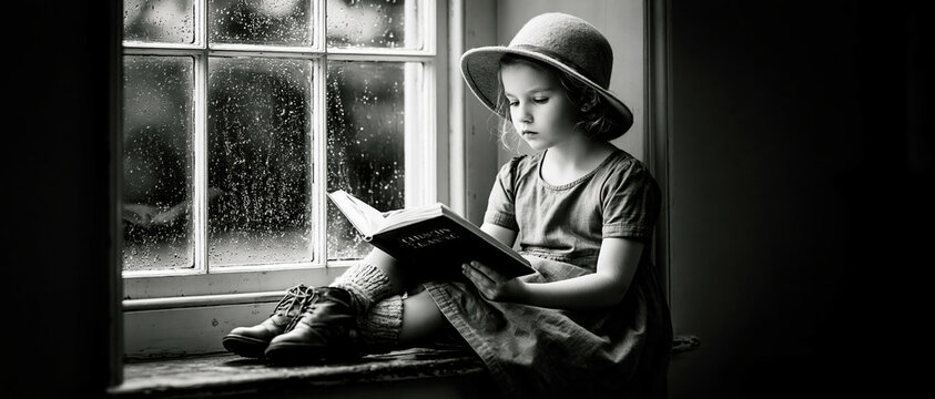 Young Girl Reading by Rainy Window &ndash; Generative AI &ndash; no real persons