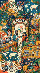 Fototapeta premium Vibrant Coffee Culture Celebration: People Enjoying Drinks, Baristas, Beans