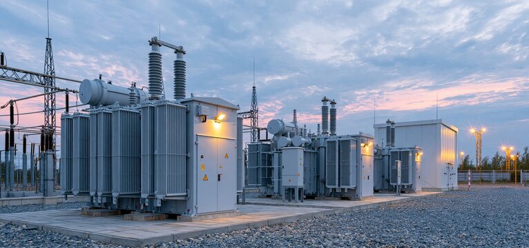 A modern substation displaying commercial electrical transformers organized systematically with warm lighting enhancing the industrial power setup at dusk.
