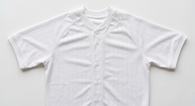 Top view of a blank white baseball jersey laid flat on a white background, perfect for custom sports apparel design presentation.