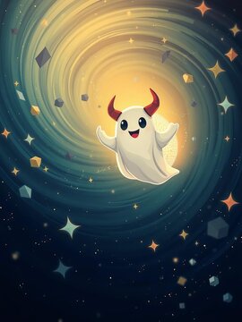 Floating geometrics swirl in a whirlwind dance amidst twinkling stars as a mischievous cartoon ghost with horns peeks out from behind a shimmering sphere of light, surreal, fantastical