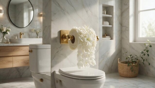 Flower Petal Toilet Paper Roll in Elegant Bathroom &ndash; Botanical Surreal Concept