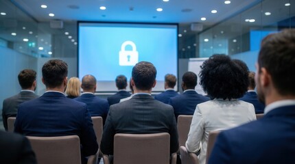 Fototapeta premium Professional audience attending a cybersecurity presentation featuring a digital lock icon on screen, representing data protection and information security awareness.