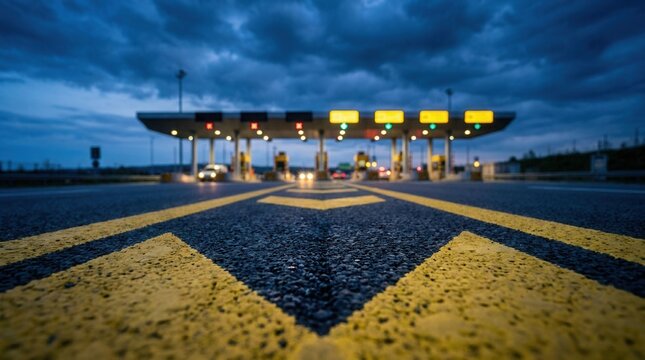 Illuminated booths and road markings at a highway toll plaza during dusk in a symmetrical perspective view.
