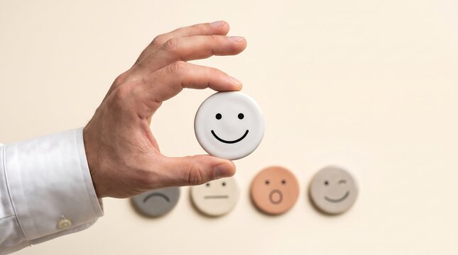 Hand selecting a positive smiley face icon from various emotion choices for customer feedback and experience rating with feedback customer satisfaction experience positive business decision