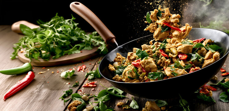 Creative food template. Traditional wok with spicy, dry-fry Thai chicken chili curry dramatically tossed with ingredient scattered on wooden table. copy text space