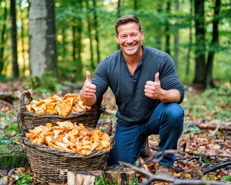 Happy Mushroom Picker with Baskets of Chanterelles &ndash; AI Generative &ndash; No Real Persons