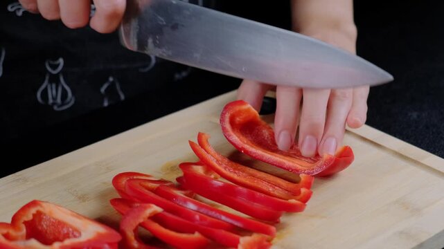 Adult hands in black clothing slice red bell peppers with a chef's knife on a wooden cutting board in a kitchen during daytime at Cooking.
