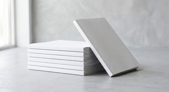 Minimalist stack and leaning blank white matte magazines mockup on a light gray background with soft shadows.