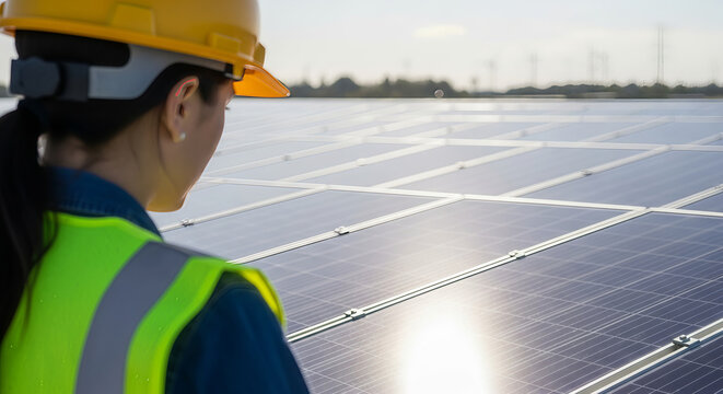 Engineer in Safety Gear Inspecting Large Solar Power Plant 
