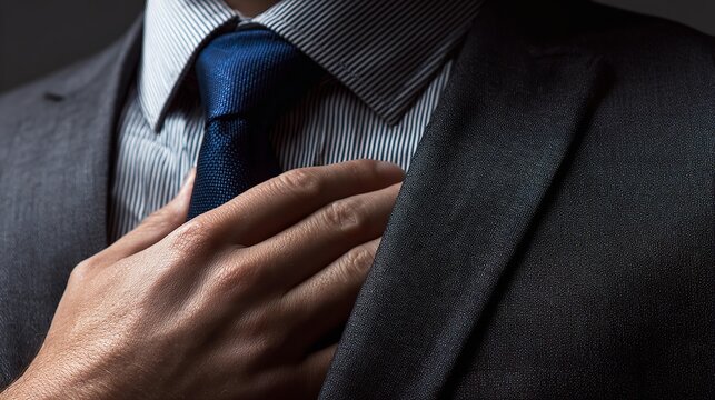 Man adjusts blue tie with gentle hand