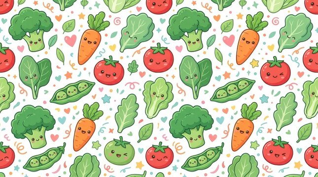 Seamless pattern with cute kawaii vegetables isolated on white background