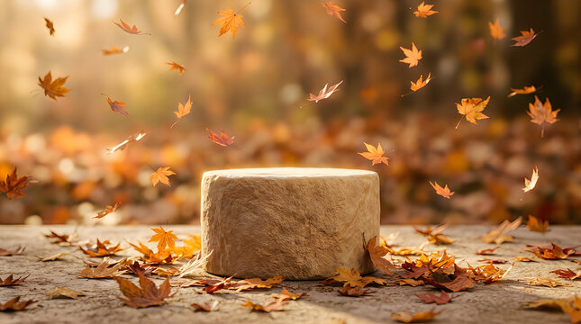 Empty stone product display podium with falling autumn leaves in a sunny forest for seasonal presentation