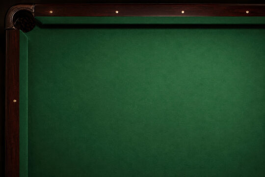 Green pool table felt with wooden rails and corner pocket, offering empty copy space for text or design. Classic billiards background with rich textures and lighting.