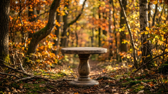 Empty round wooden table standing in a beautiful autumn forest with golden leaves and warm sunlight