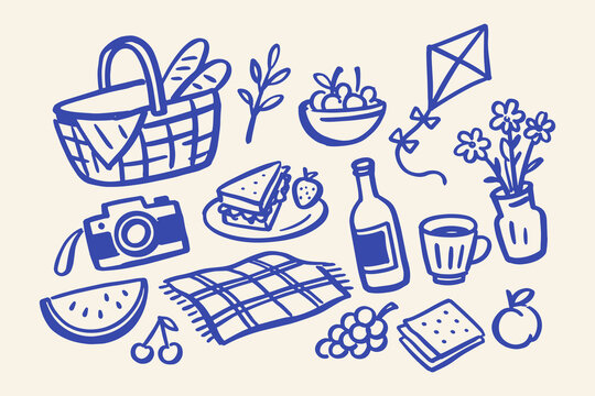 Picnic Basket and Outdoor Food Hand Drawn Vector Set