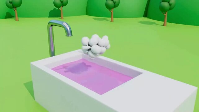 3D animation of white uncolored grapes turning purple in liquid tub for kids learning in 4k
