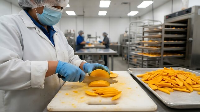 Food Production Worker Slicing Mangoes in Clean Industrial Kitchen with Protective Gear for Safety and Quality Control